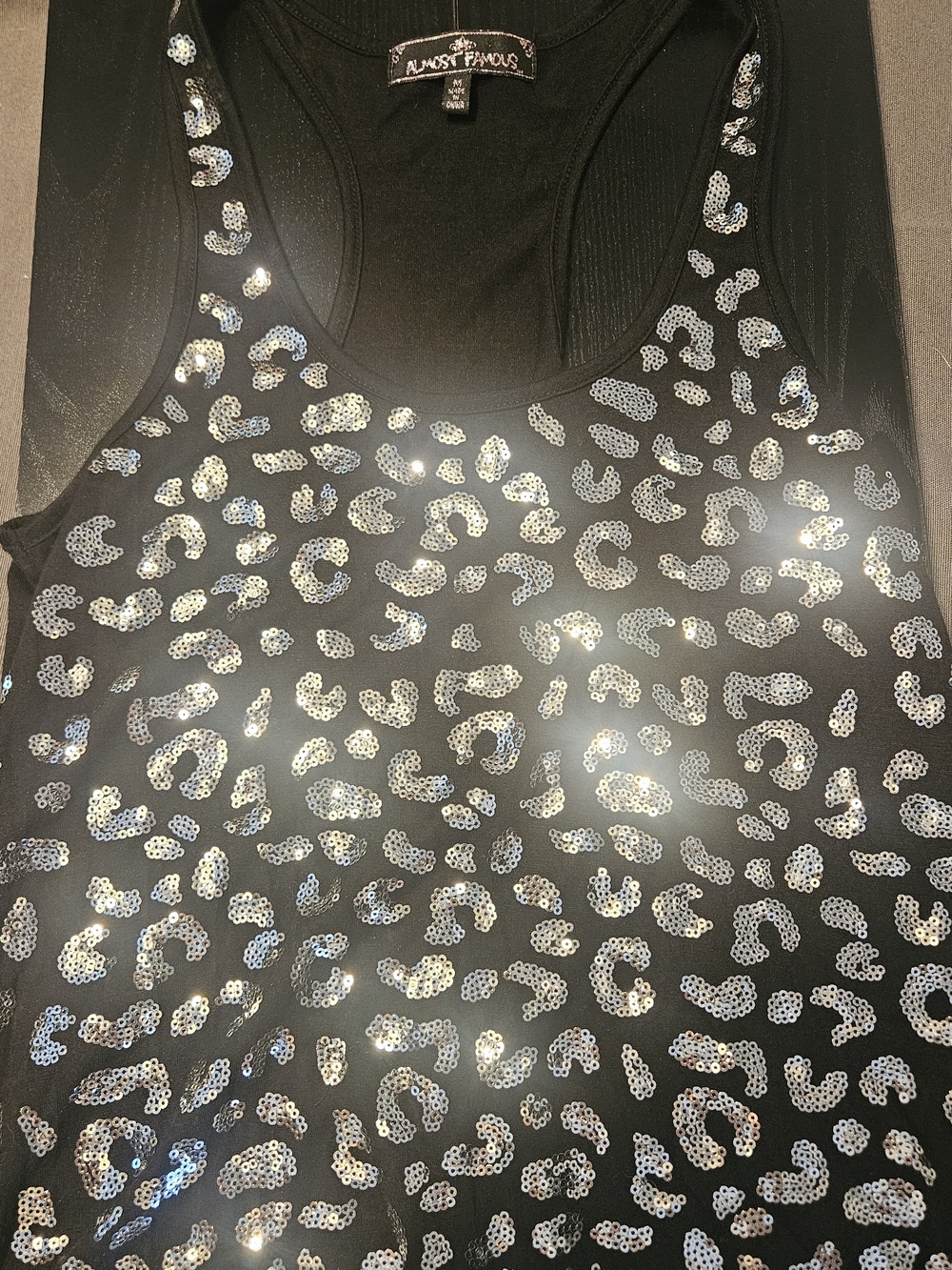Almost Famous Black Sequin Leopard-Print Tank Top